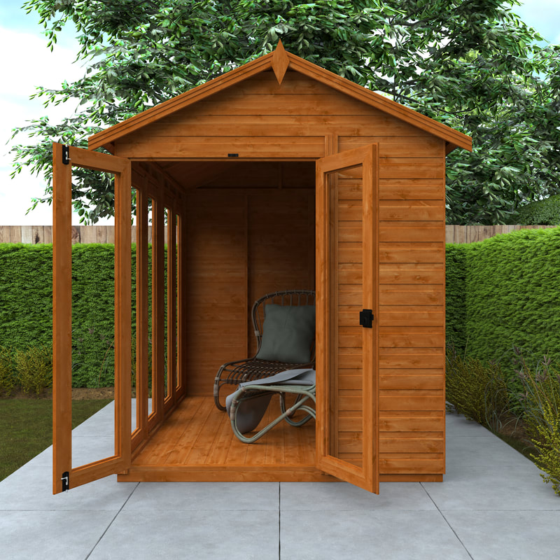 Buy a new apex roof full pane summerhouse in Edinburgh, Midlothian and East Lothian, click here for an apex summerhouse installation quote in Edinburgh and the Lothians from JDS